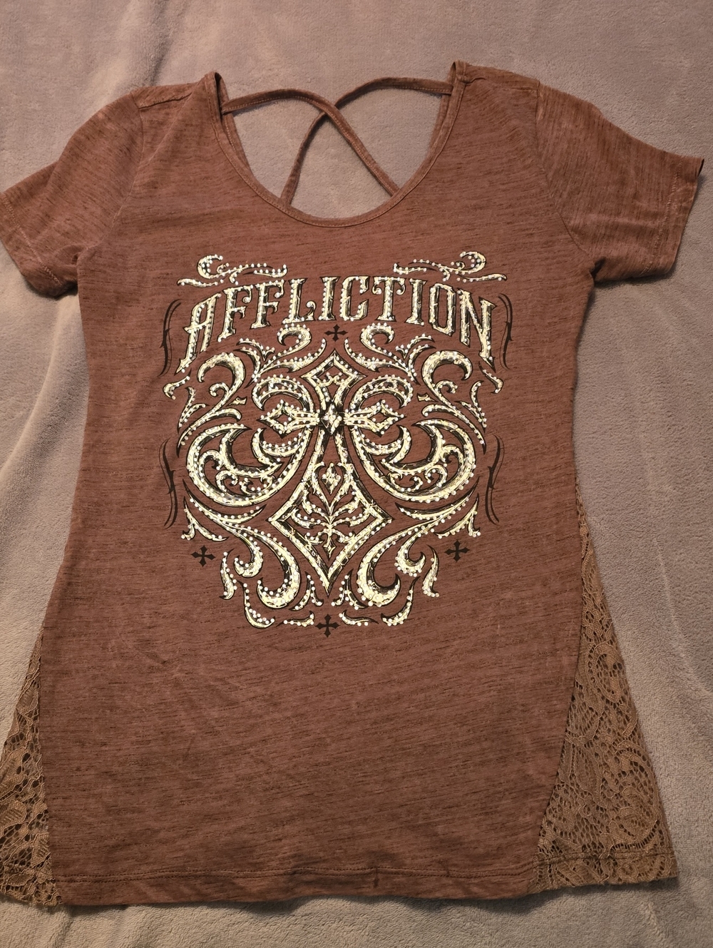 Affliction Brown Short Sleeve Tee with White Rhinestone Emblem